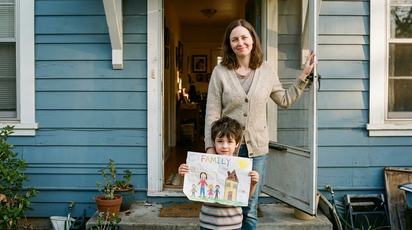 A pale woman and a shy little boy holding a drawing standing in the doorway of a blue house