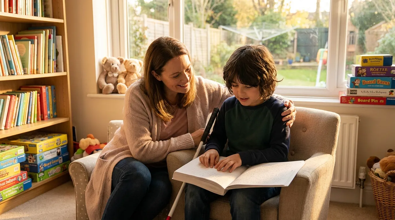 A compassionate woman sitting next to a 9-year-old blind boy holding a braille book by a window in a bright children's recreation room.