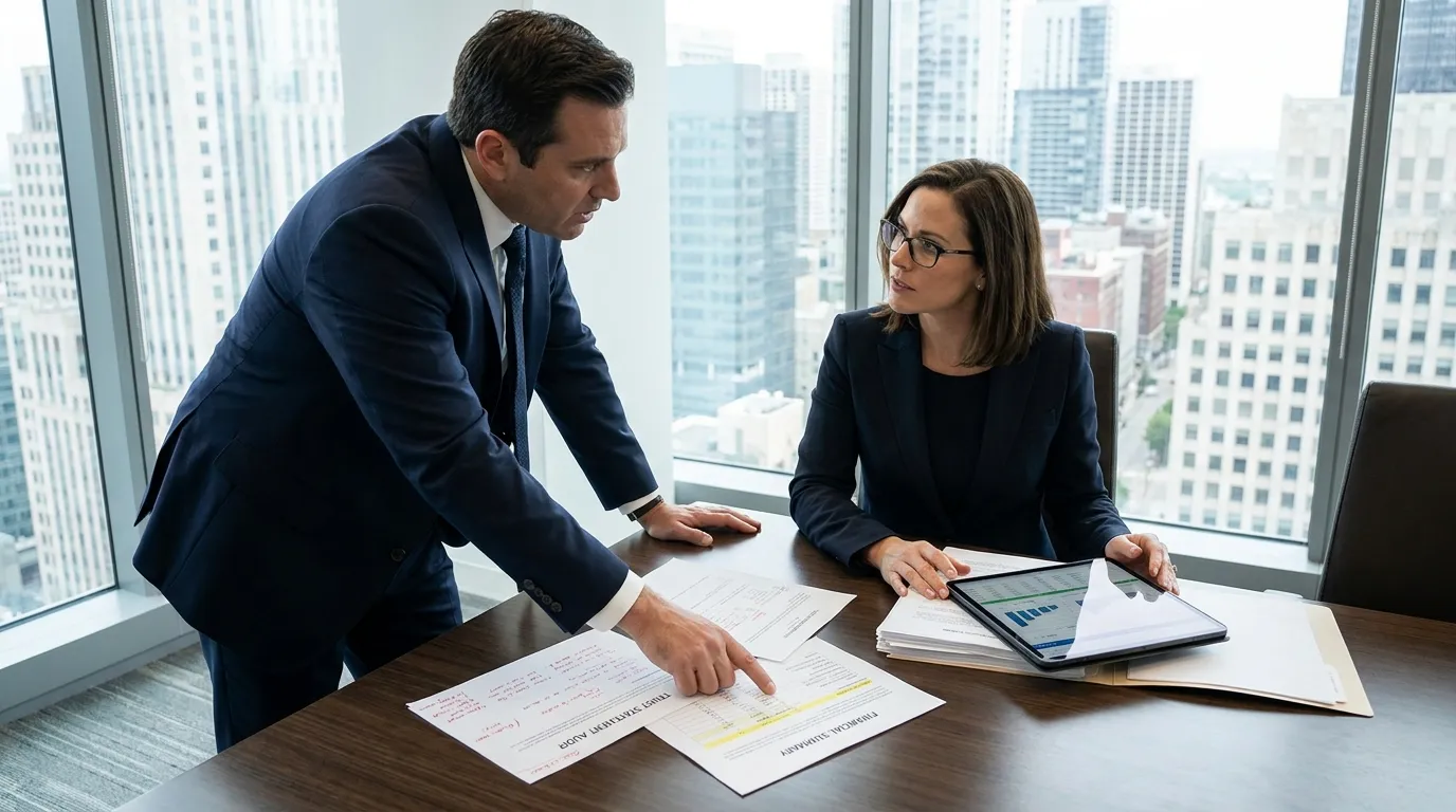 Father consulting with a female family lawyer reviewing trust documents and evidence across a desk