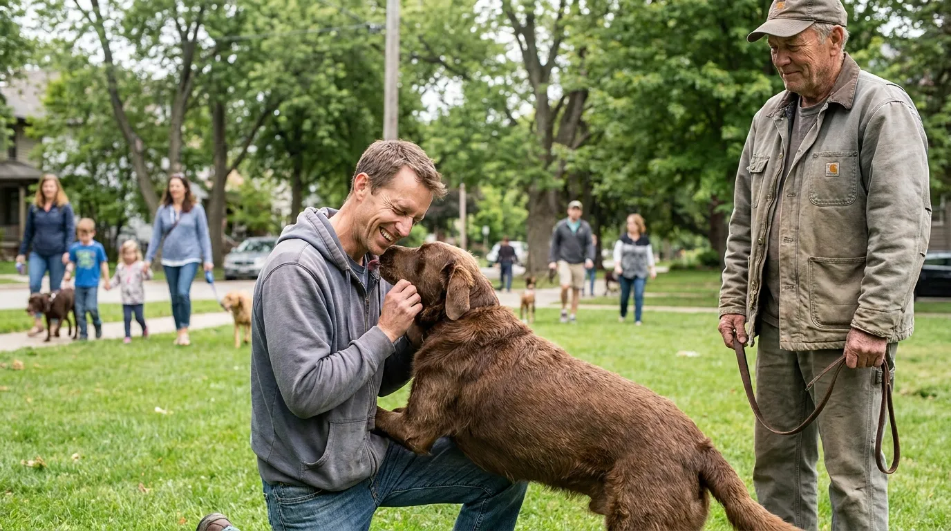 Two men in a park with a brown dog, one man kneeling to hug the excited dog while the other watches holding a leash.