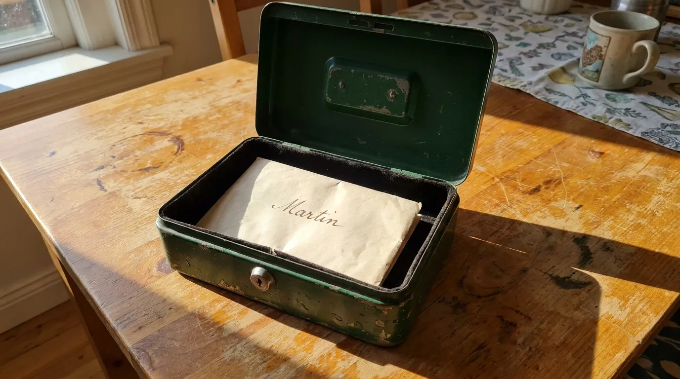 A chipped green metal cash box open on a table, containing a cream envelope addressed to Martin.