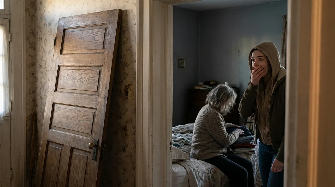 Shocked wife looking at an empty bedroom doorway with the door leaning against the wall