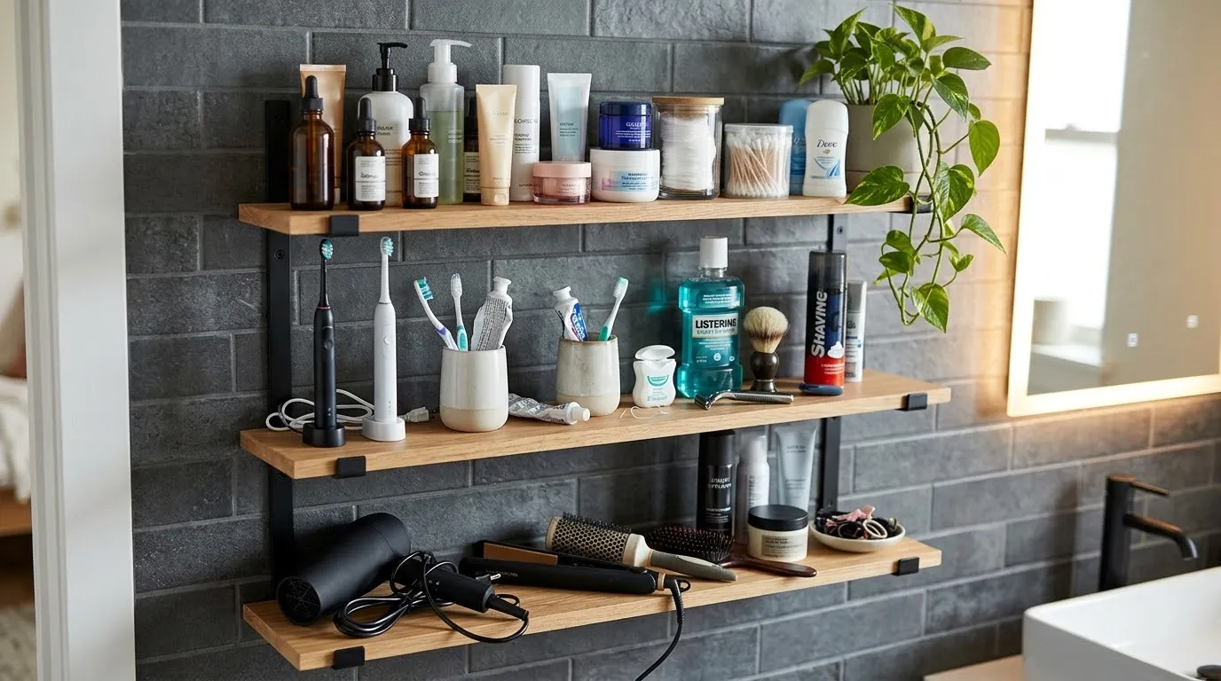 Various personal care items and cosmetic bottles neatly arranged on a bathroom shelf