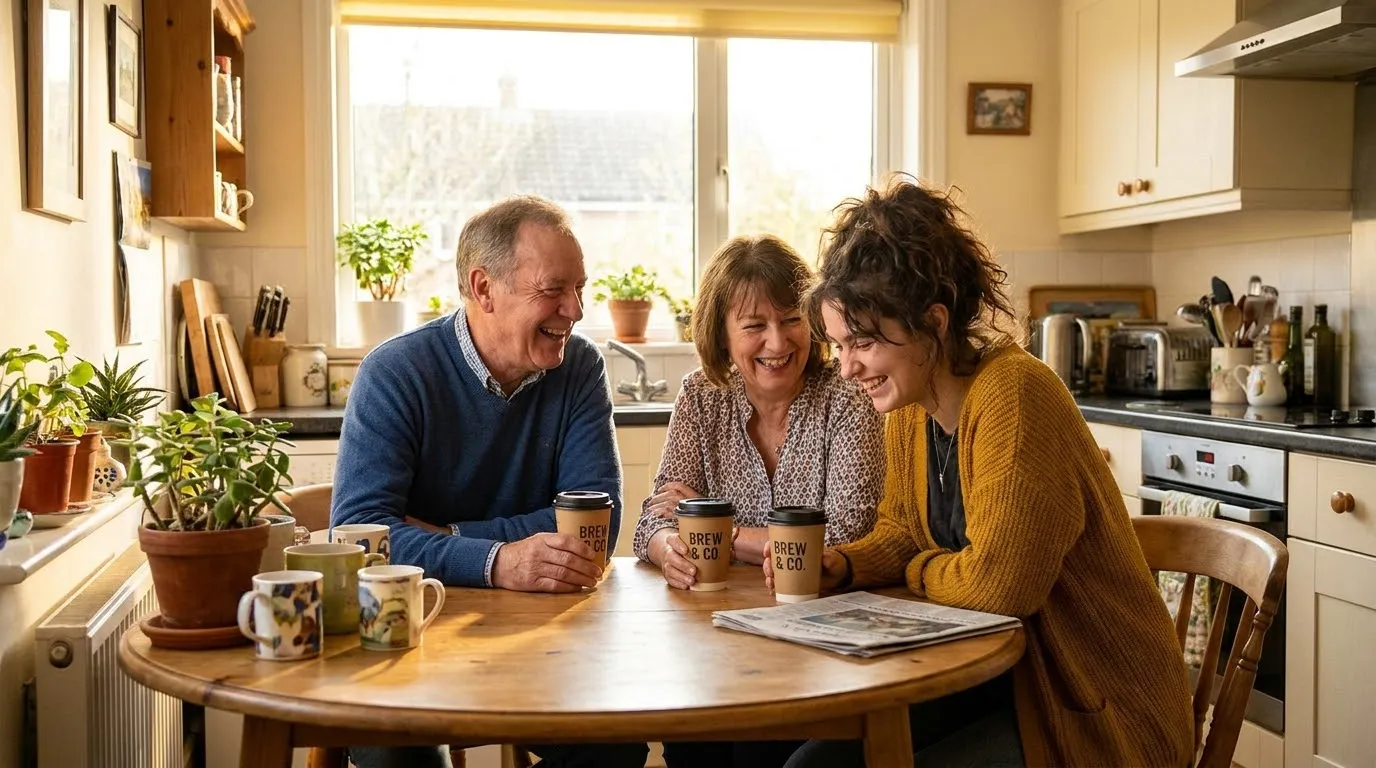 A family laughing together at a kitchen table over coffee