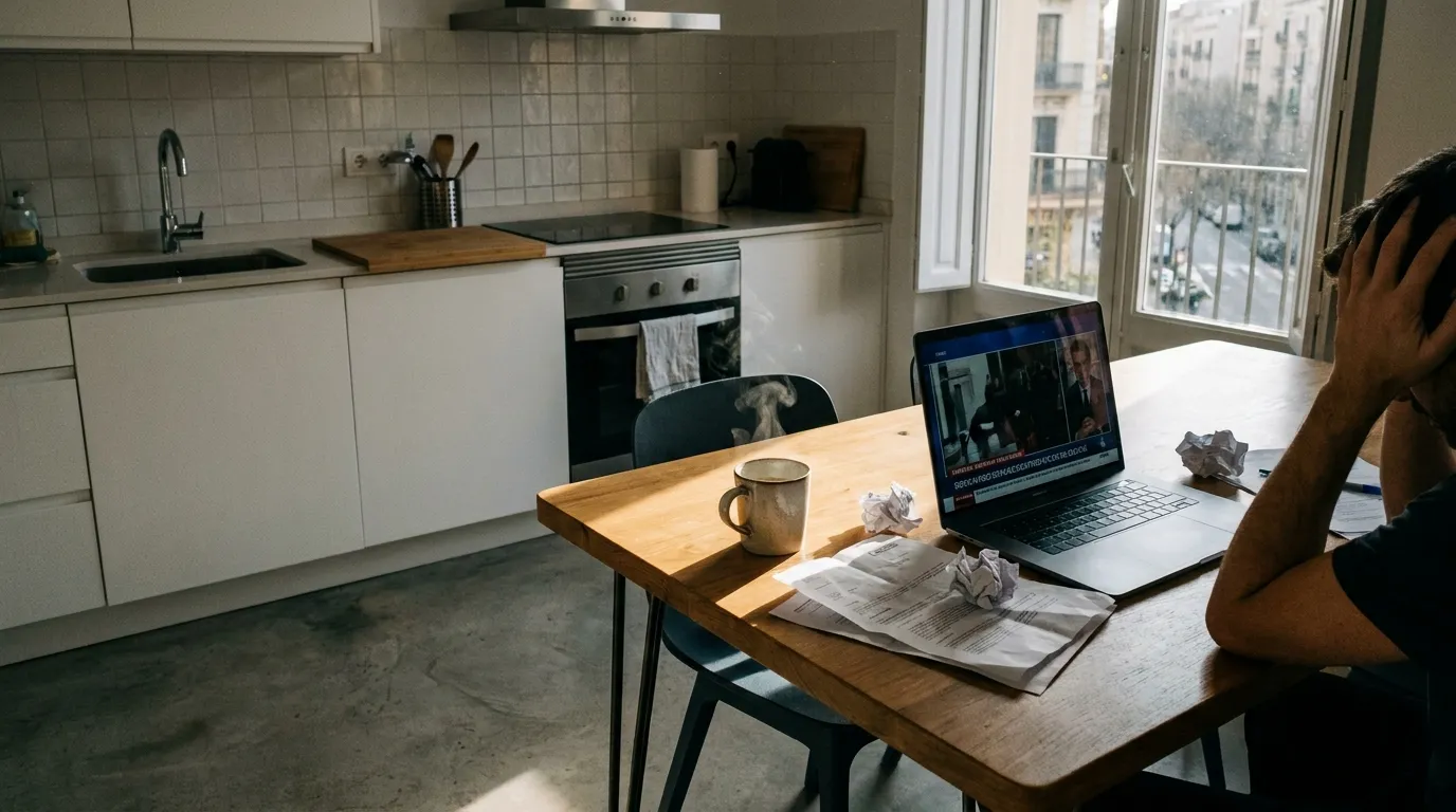 Quiet apartment kitchen with a laptop and coffee mug