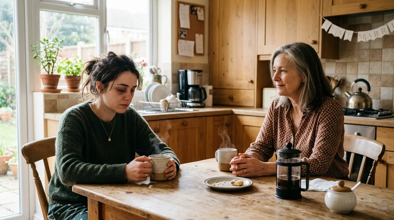 A stressed young woman and her calm mother sitting at a kitchen table
