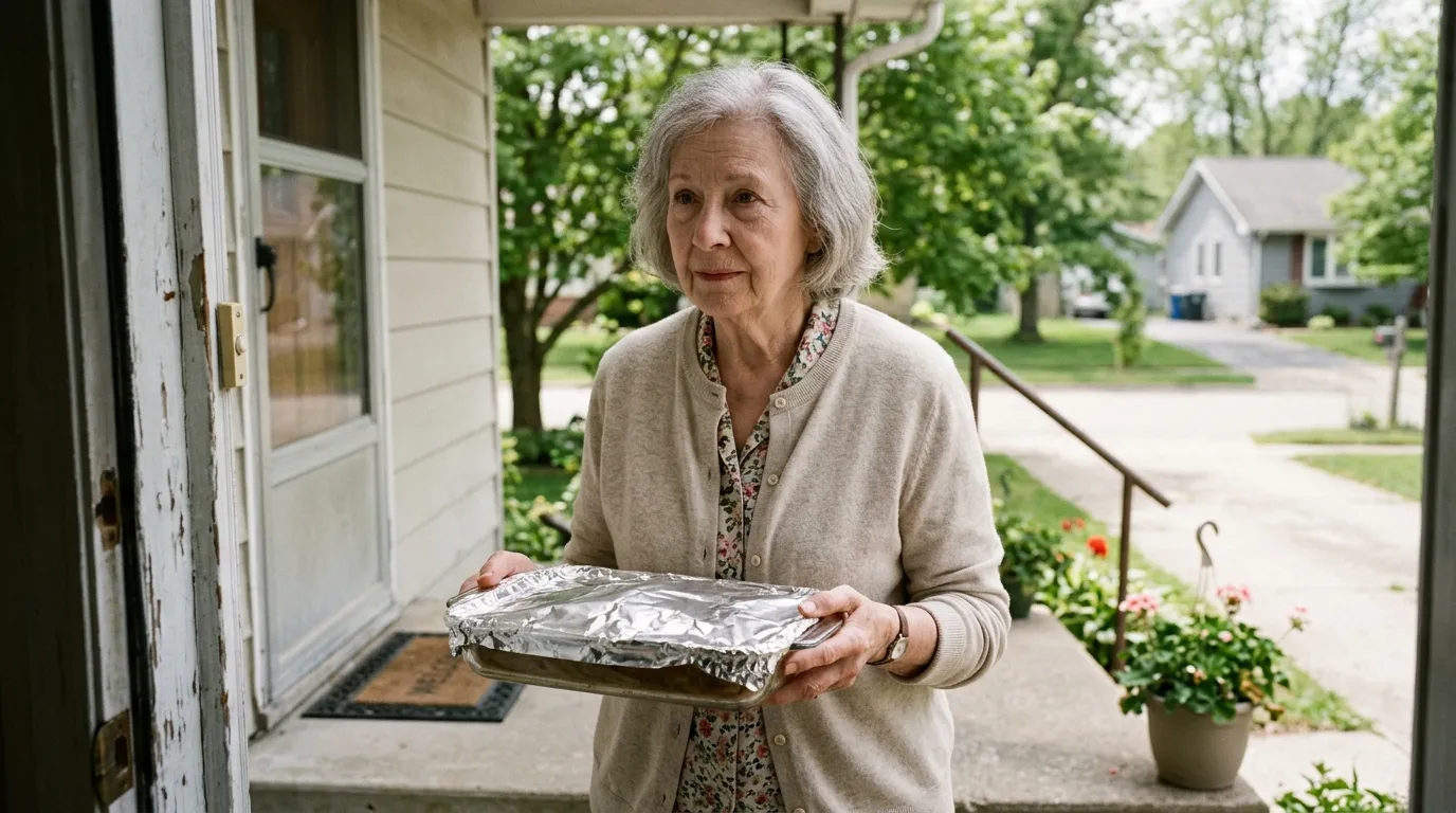 Elderly woman standing on a porch holding a baking dish