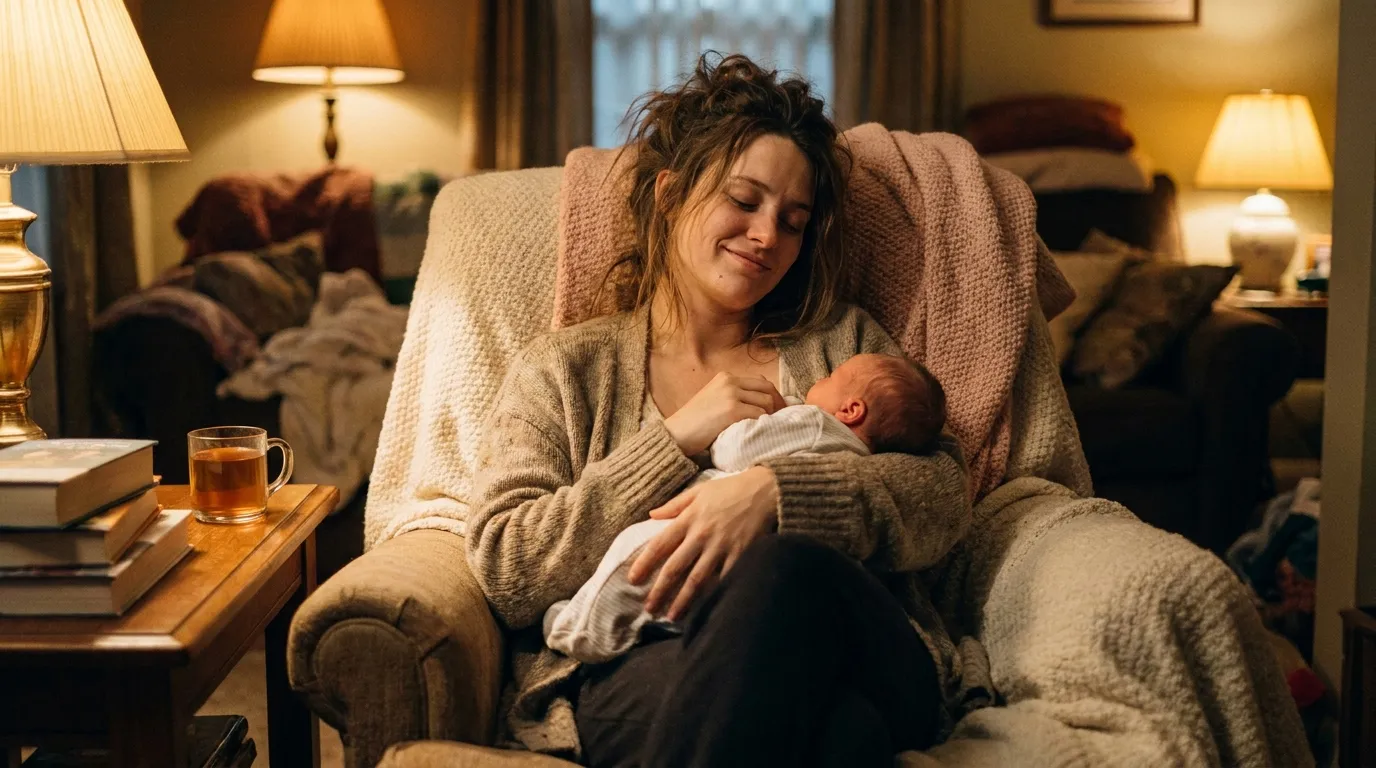 A peaceful young mother holding her sleeping baby in a warmly lit living room