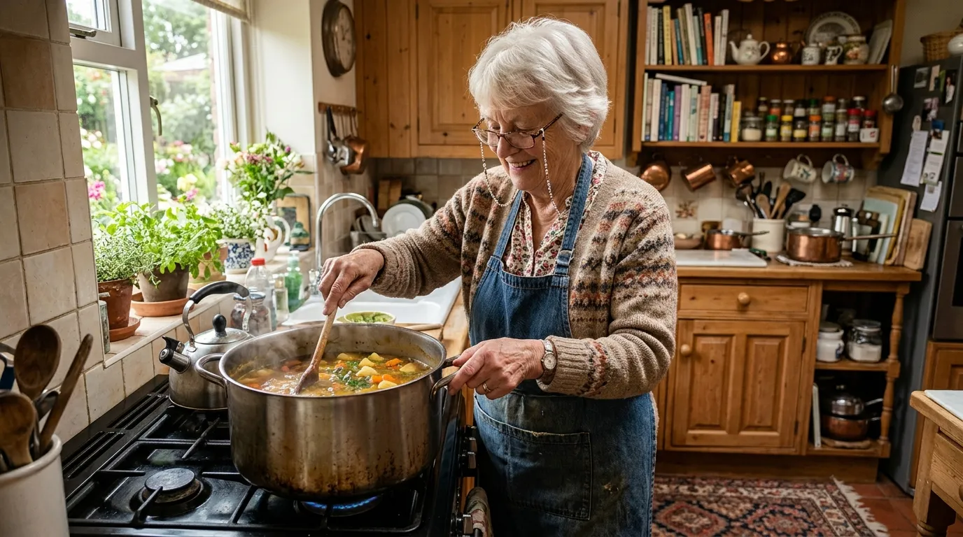 Elderly woman stirring a large pot of soup on a kitchen stove