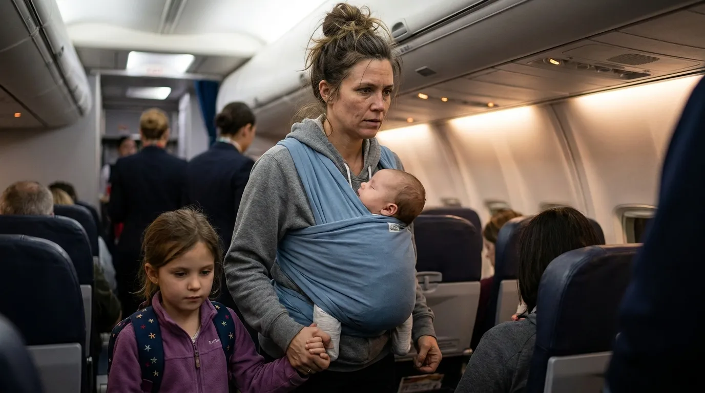 A tired mother walking down an airplane aisle with a newborn in a blue carrier and a 10-year-old girl with a purple backpack.