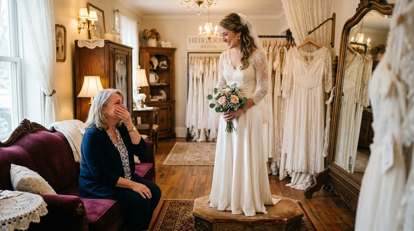 Mother and daughter sitting on a velvet couch in a bridal shop, both tearing up over an ivory wedding dress