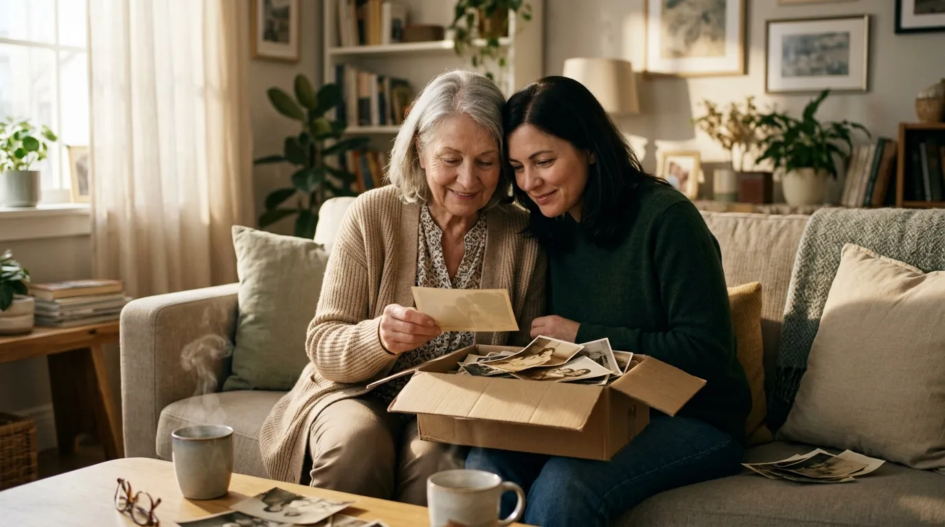 Mother and daughter looking at old photos together over coffee