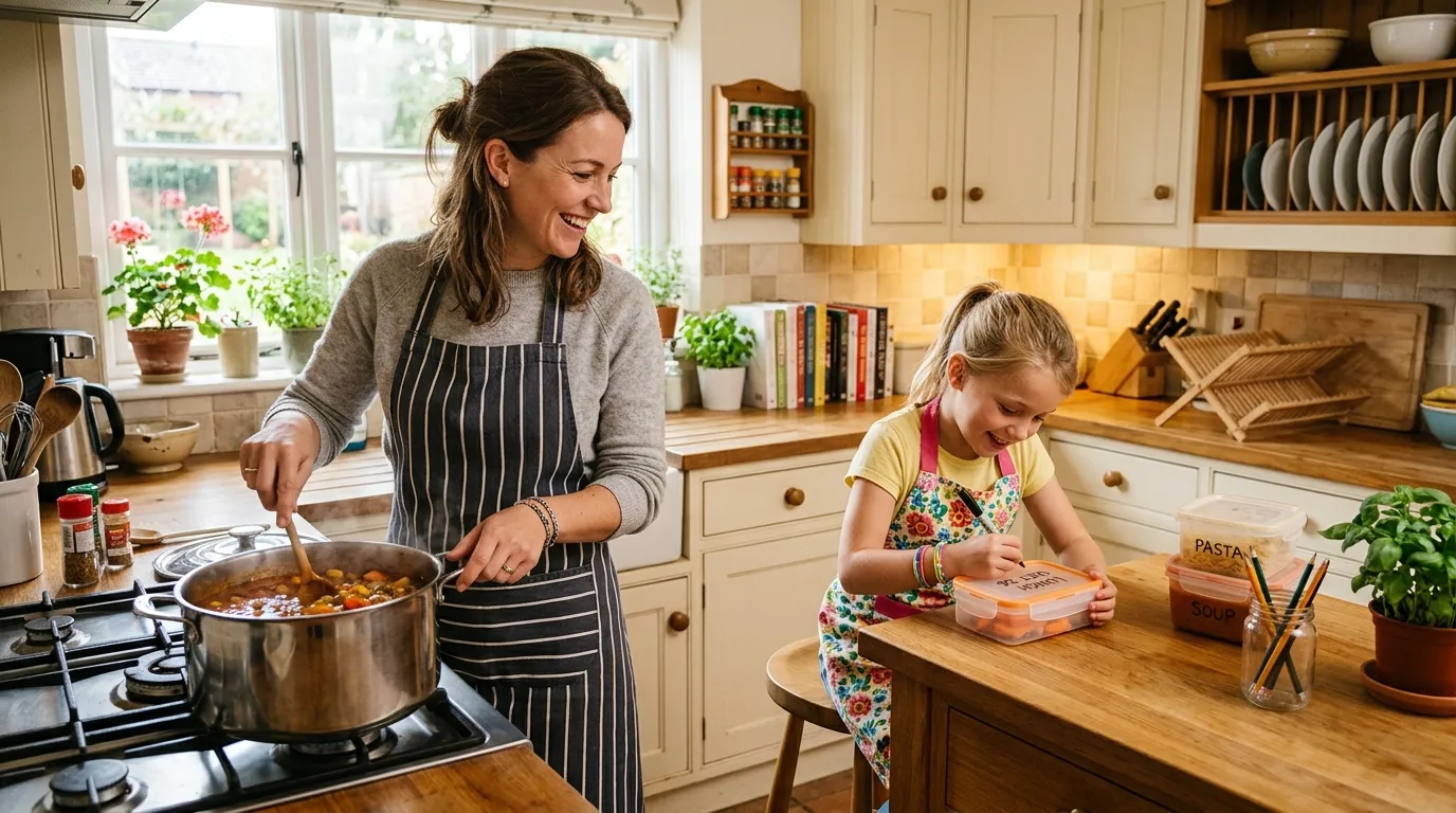 Mother and daughter smiling while cooking together in a bright kitchen