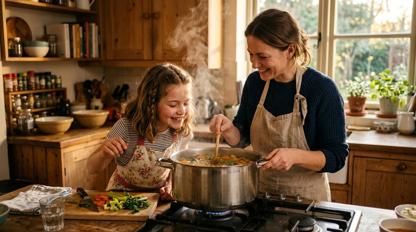 Mother and daughter smiling while cooking a large pot of soup together in a warm, sunlit kitchen