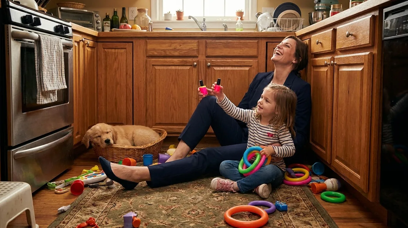 A mother and her 8-year-old daughter laughing together in a cozy kitchen with pink nail polish