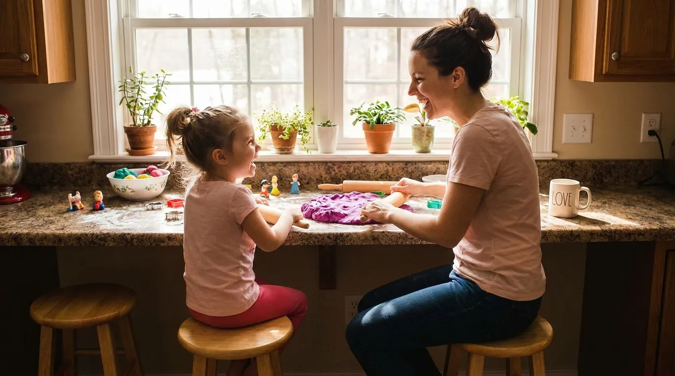 A mother and her young daughter happily making shapes out of purple play dough in a sunlit kitchen