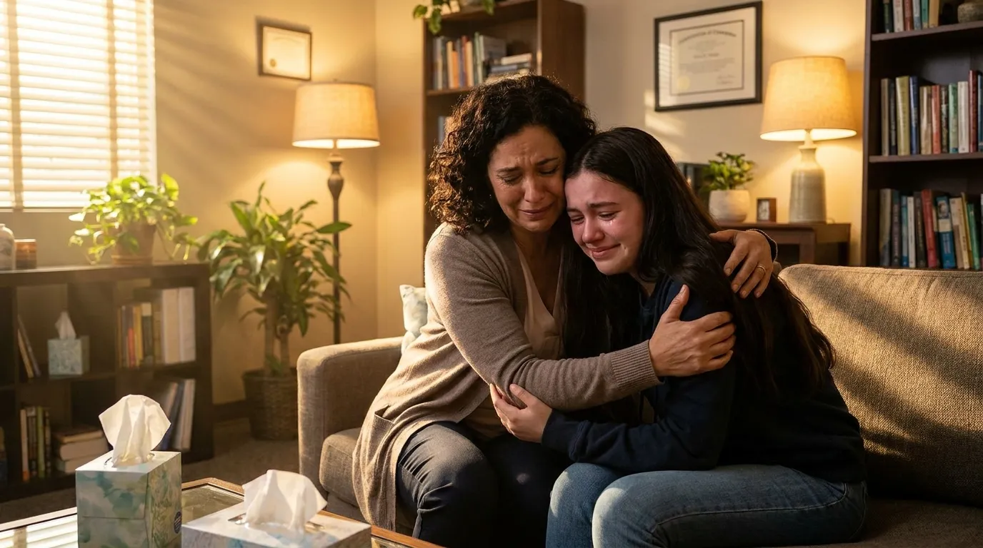 A highly emotional reunion in a sunlit room between a tearful mother and her 15-year-old daughter.
