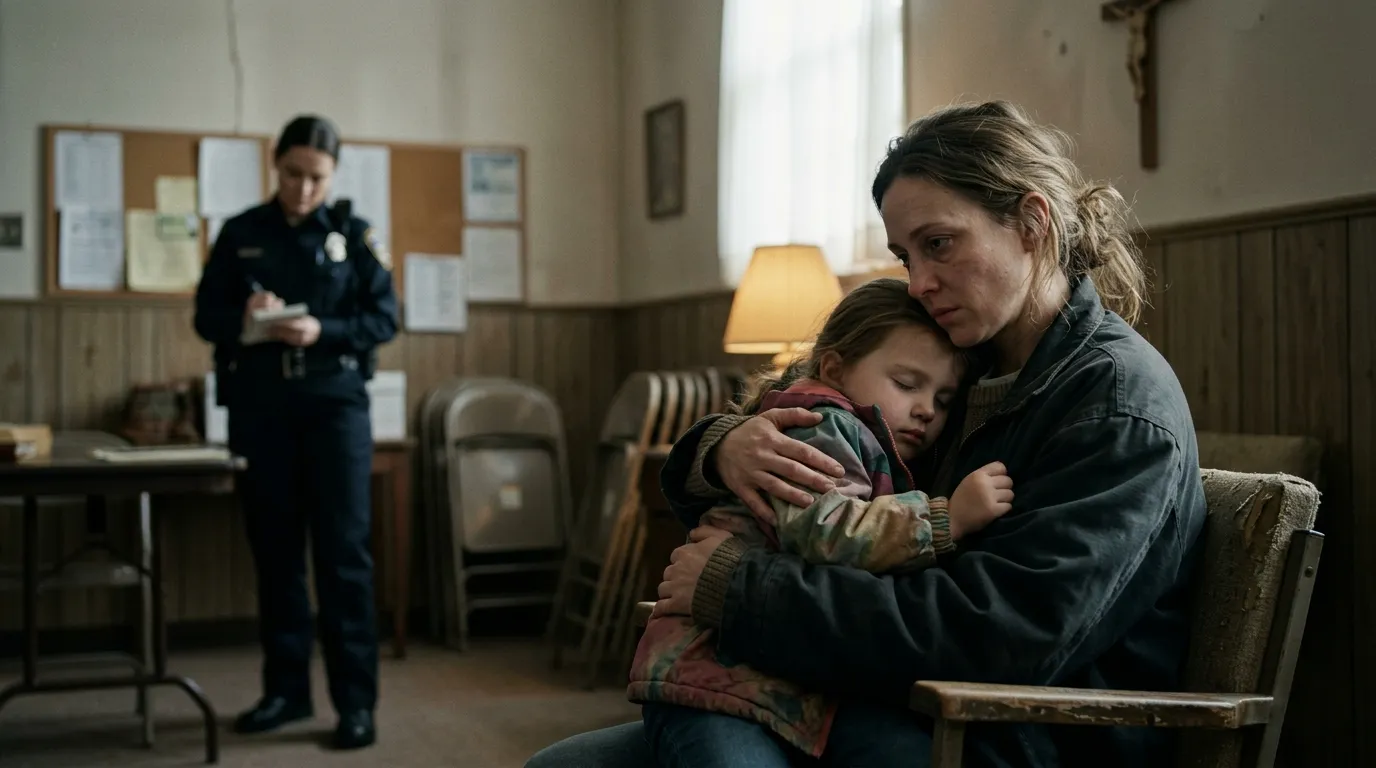A mother fiercely holding her exhausted daughter while a female police officer stands softly in the background