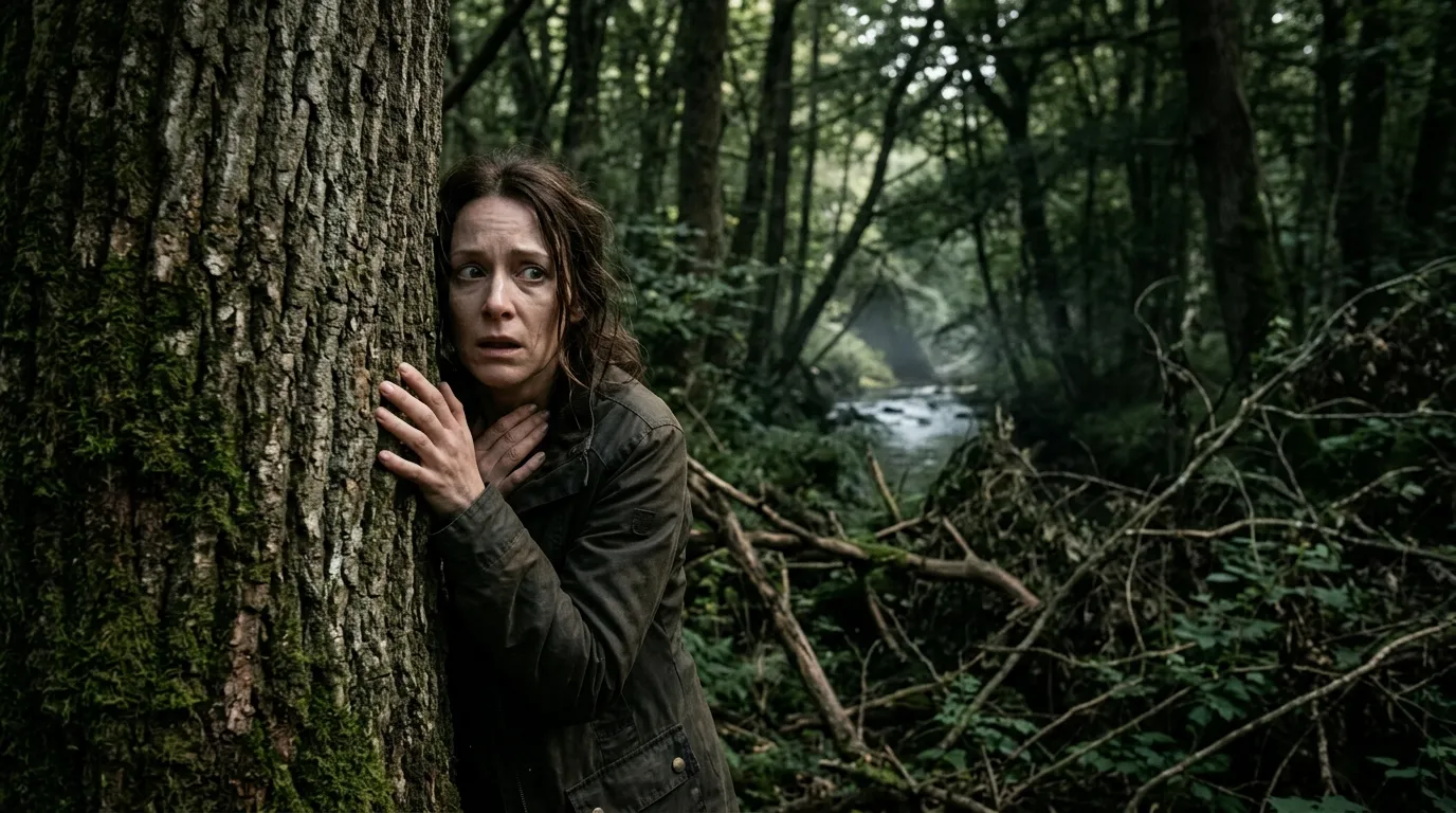 Sarah watching from behind a tree in the forest, looking horrified.