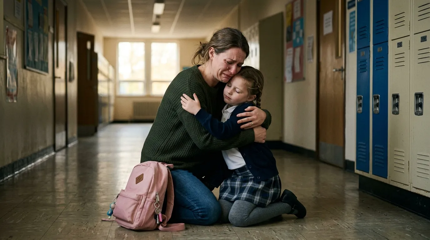 Mother hugging her daughter tightly in a school hallway