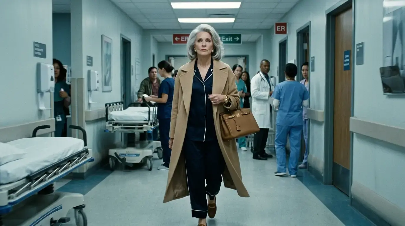 Wealthy mother-in-law arriving at the hospital wearing a beige coat