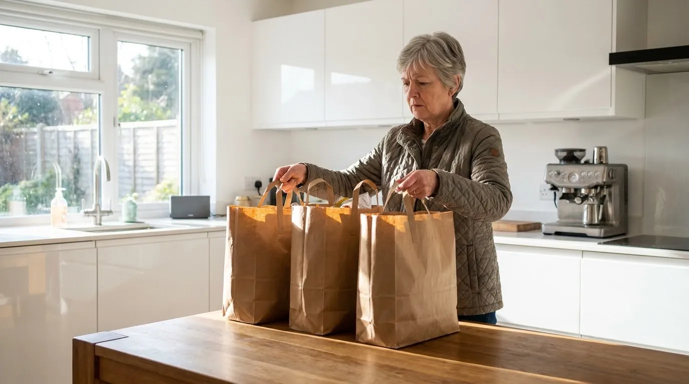 A stern older woman placing heavy shopping bags onto a kitchen table.