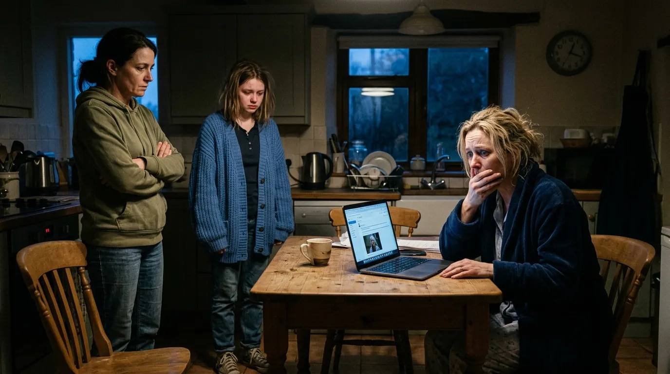 A shocked mother at a kitchen table looking at a laptop while a woman and teenager stand nearby