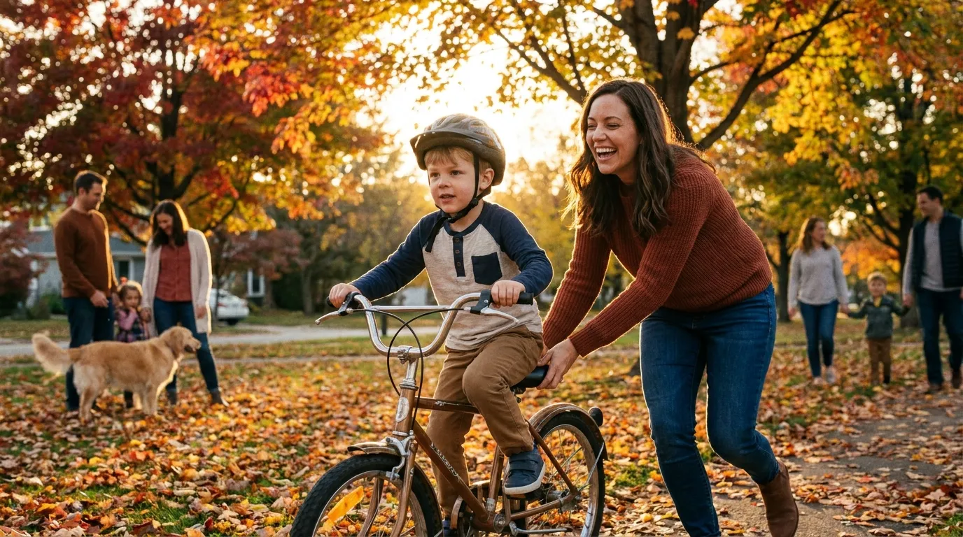 A mother teaching her young son how to ride a bike in a sunny park