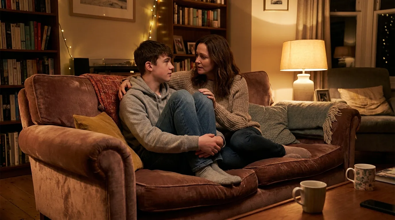 A teenage boy and his adoptive mother sitting on a couch having a deep conversation