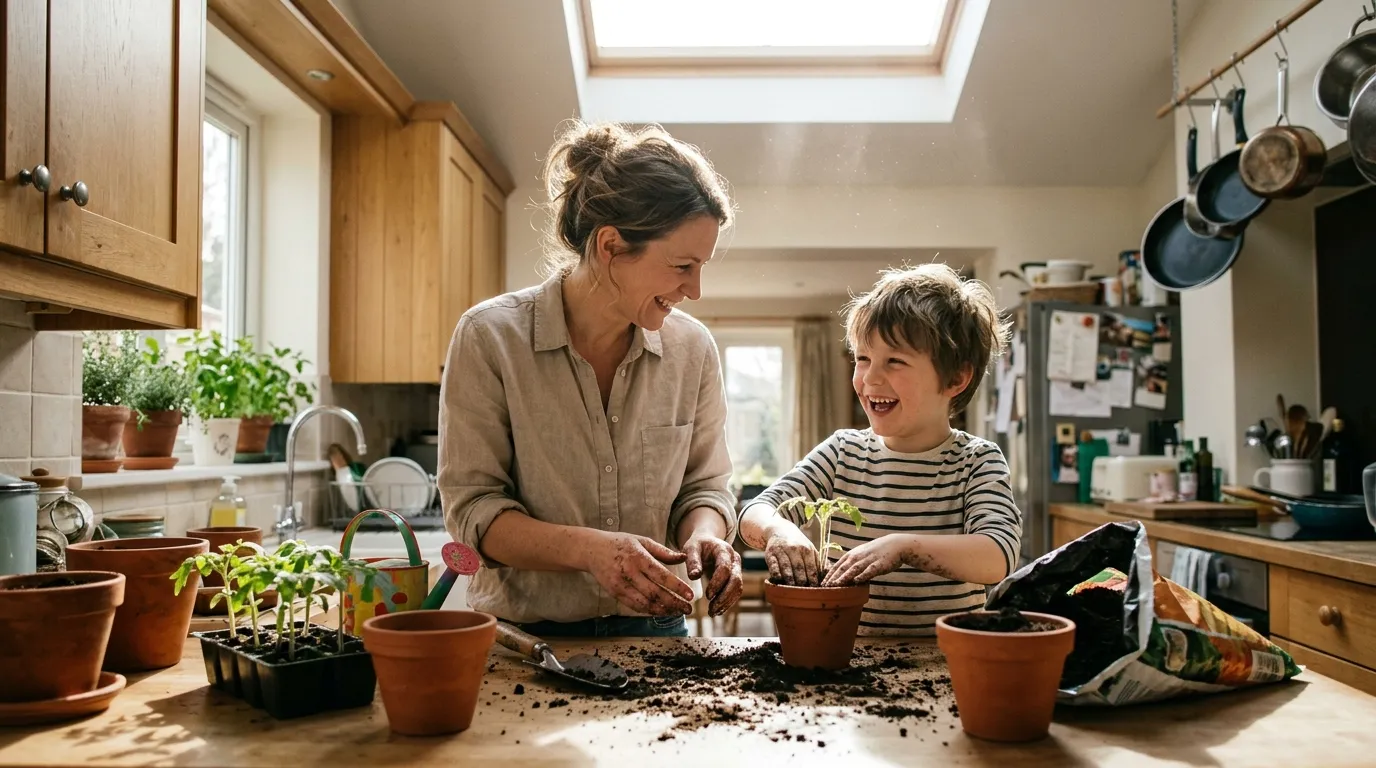Mother and son happily planting tomatoes together in a sunlit kitchen