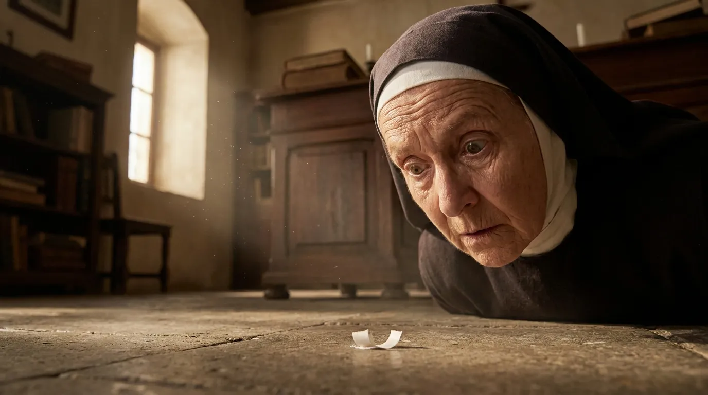 Older nun discovering a piece of medical tape on the floor