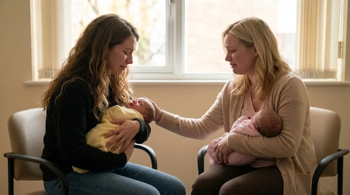 Emily and Rebecca weeping together while holding both baby girls