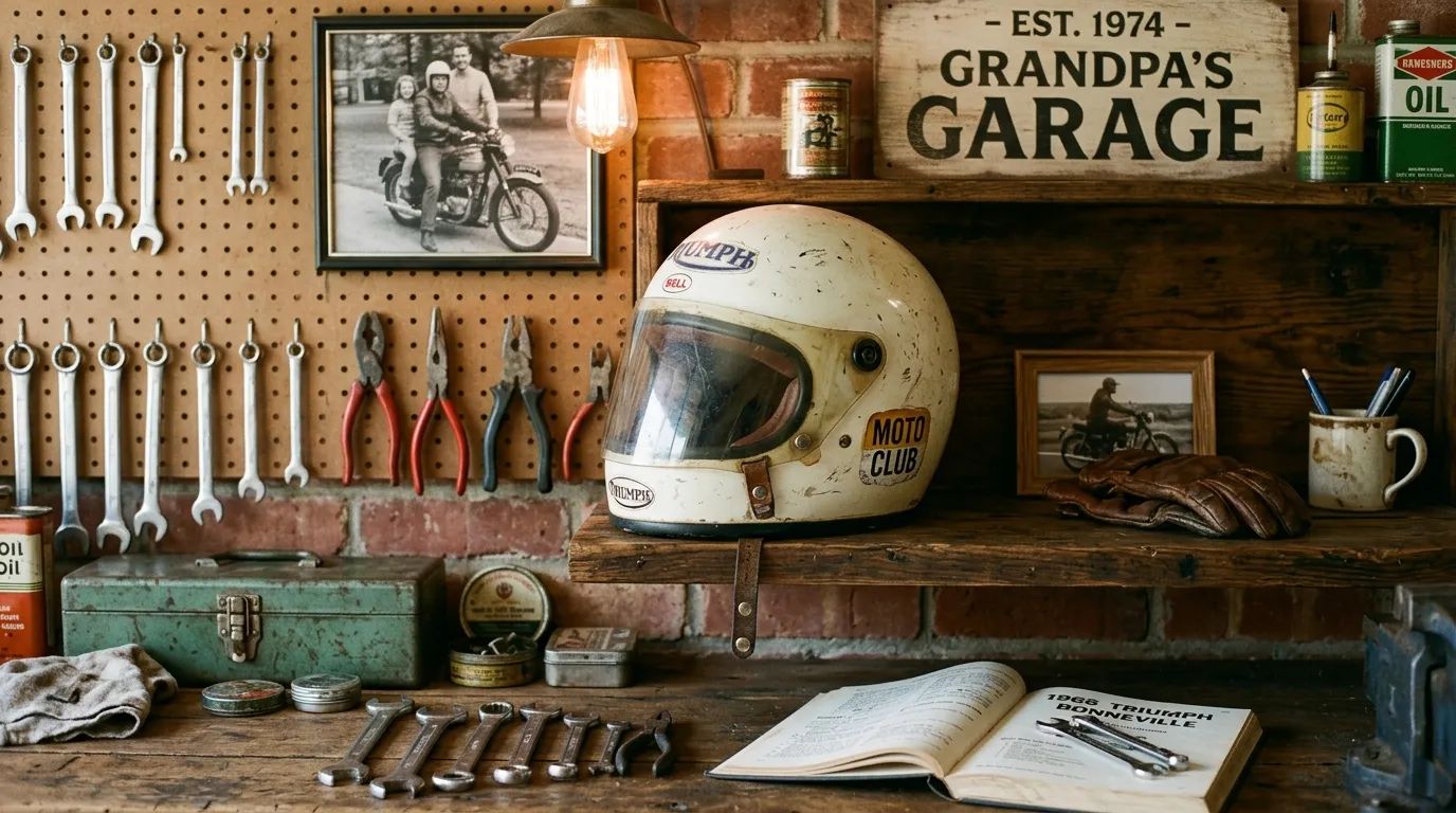 Vintage white motorcycle helmet resting on a wooden shelf