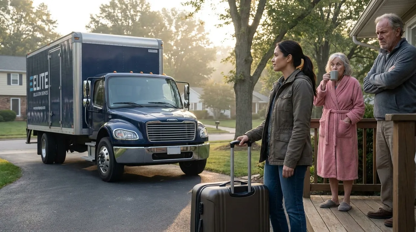 Moving truck parked in the driveway while parents watch in shock