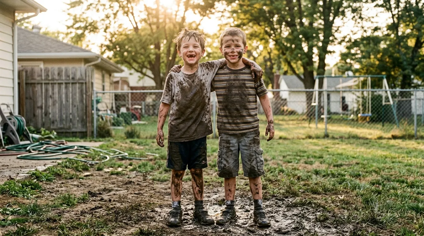 Two young boys covered in mud smiling mischievously