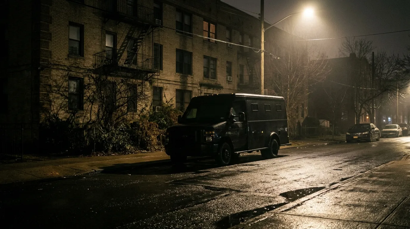 A dark van parked outside an apartment building in the middle of the night