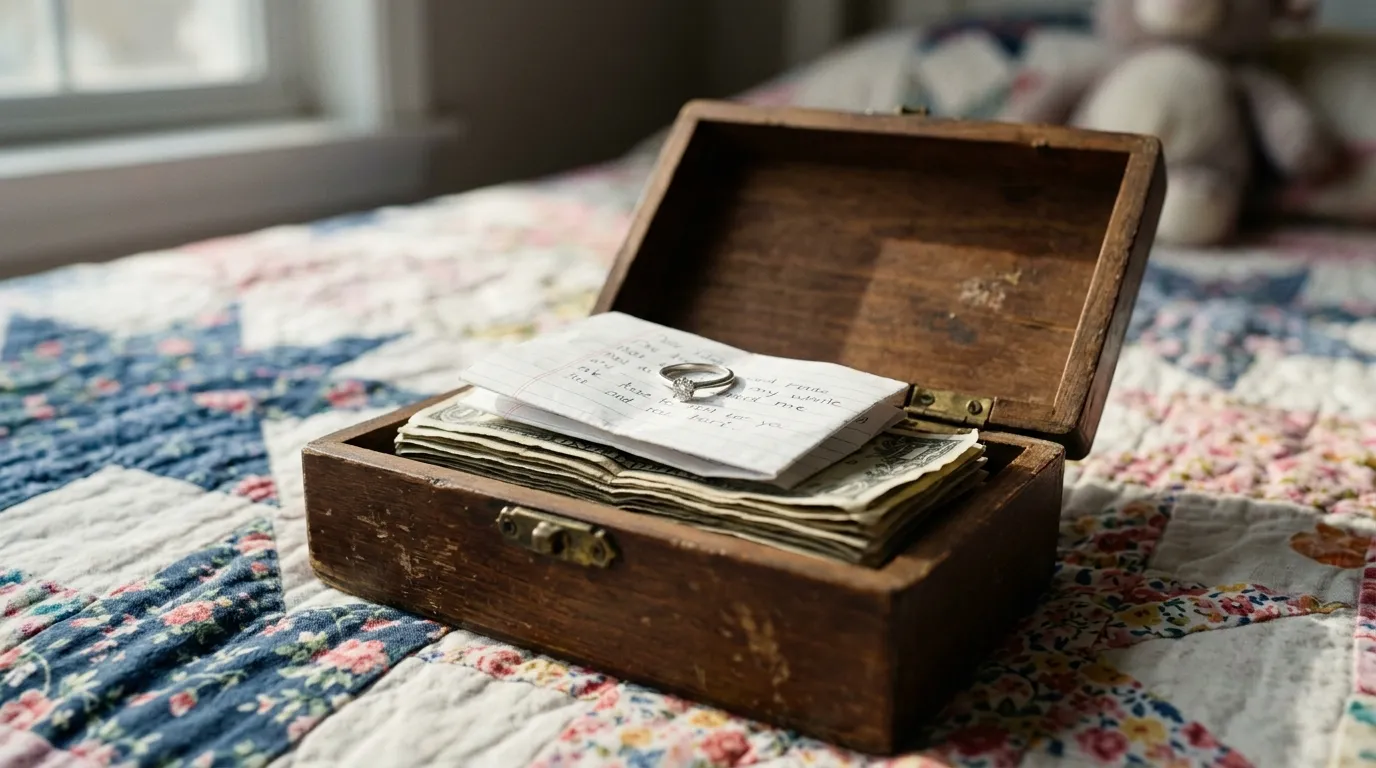 A mysterious wooden box on a bed containing a diamond ring, cash, and a note