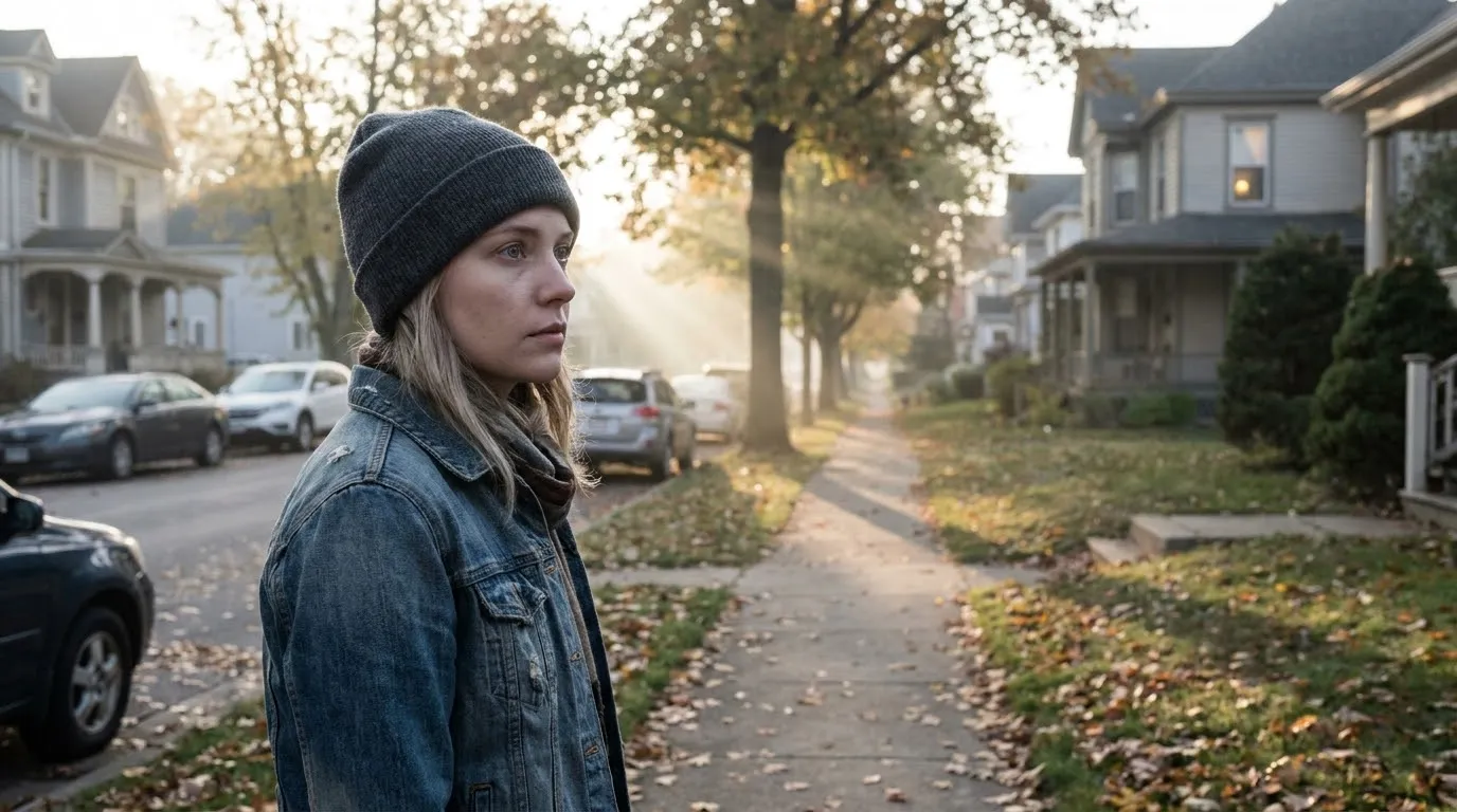 A young woman in a beanie looking across a suburban street
