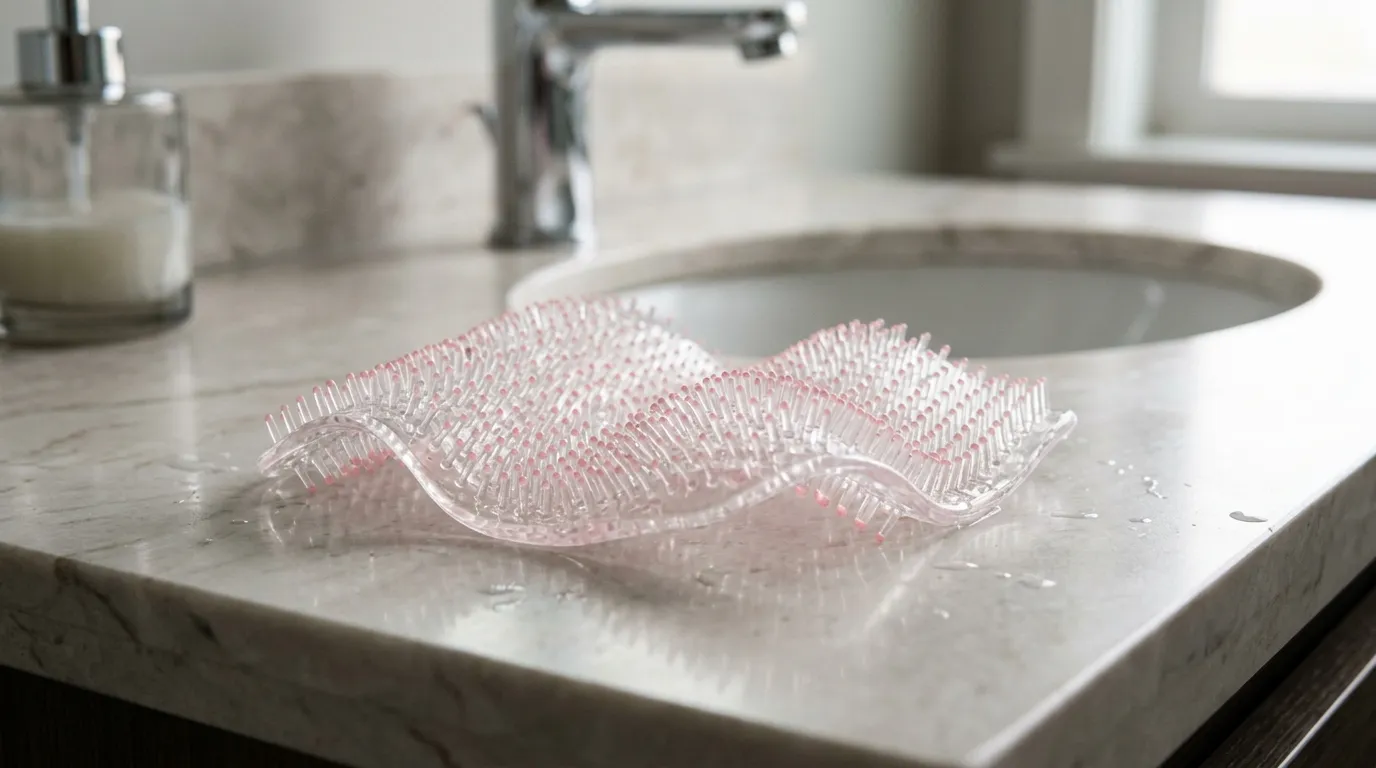 A mysterious transparent bathroom accessory with small pink ends resting on a clean bathroom counter