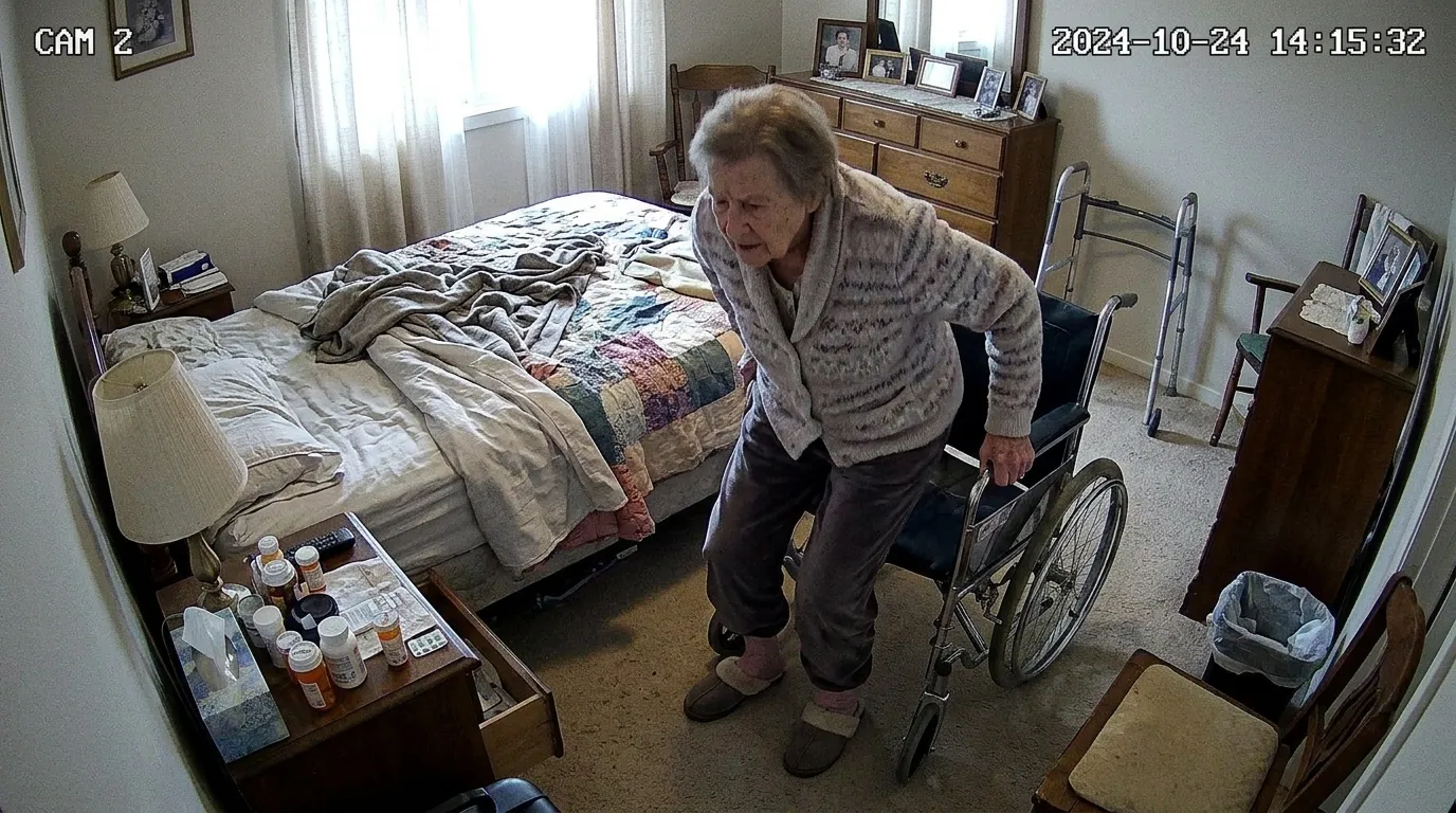 Security camera footage of an elderly woman standing up from a wheelchair.