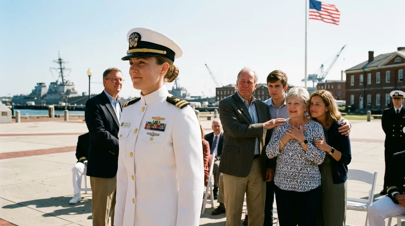 Female Navy officer at an outdoor promotion ceremony with her family looking on proudly