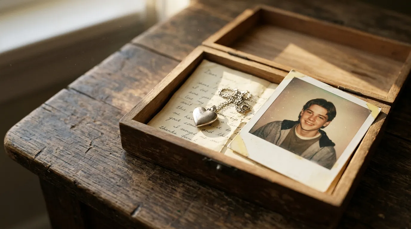 A wooden box holding a silver heart necklace and an old handwritten letter