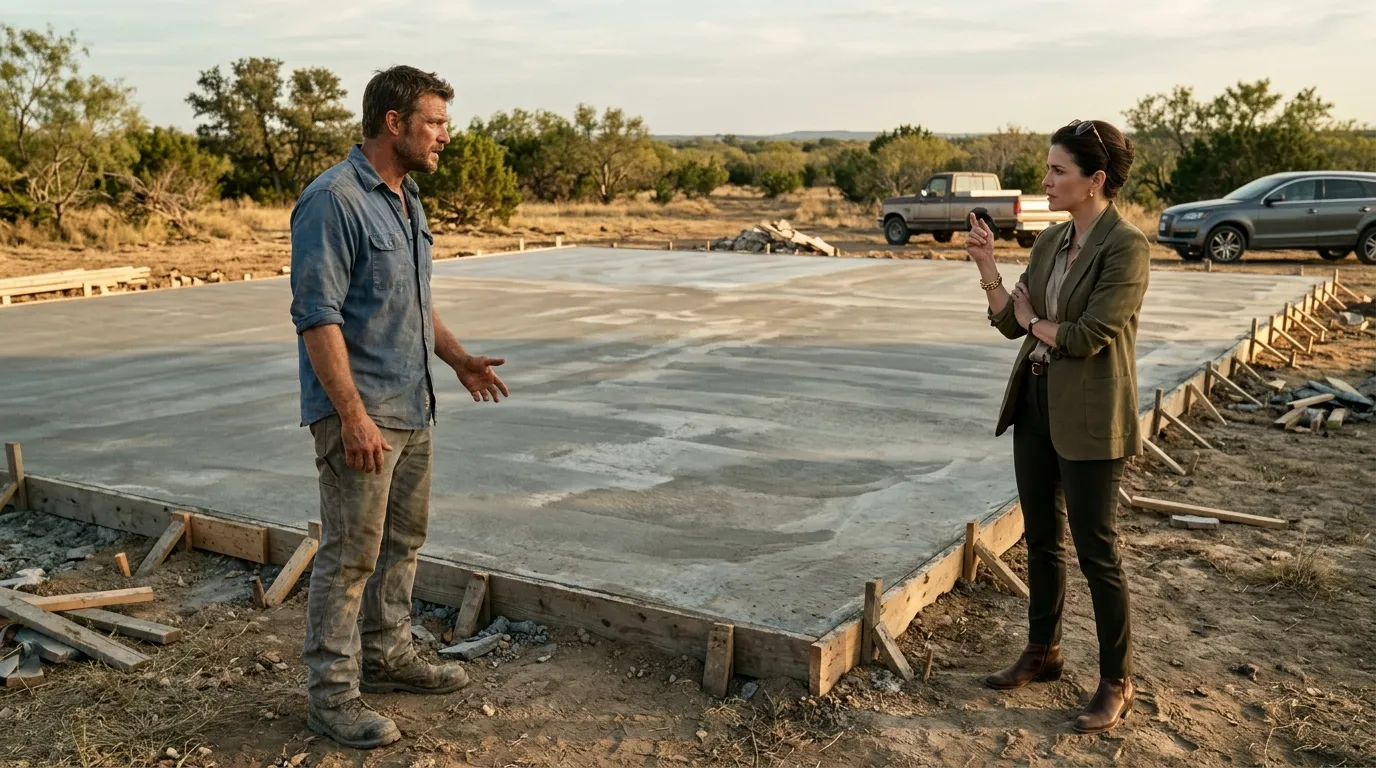 Rugged man confronting wealthy woman over a concrete foundation on his land