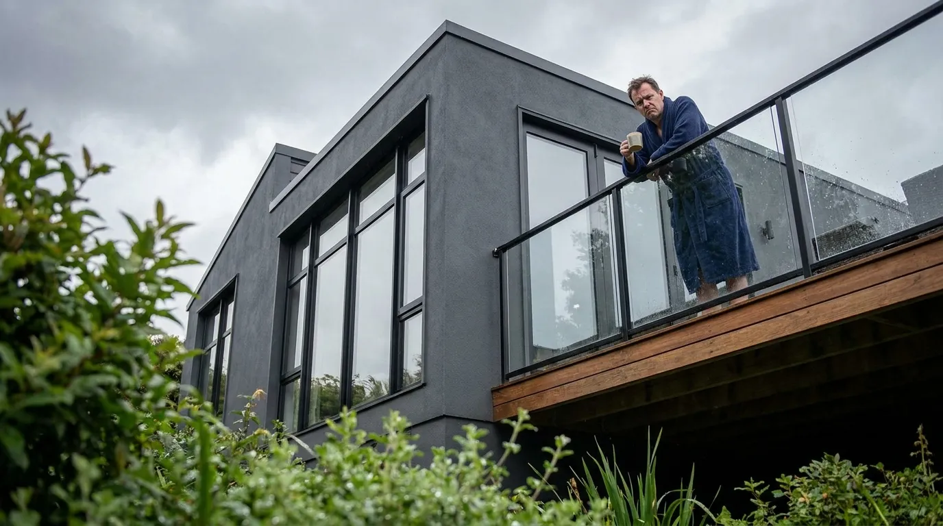 A modern grey house with a large wooden deck overlooking a lush vegetable farm