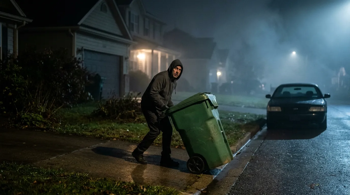 A man in a hoodie moving a green garbage can down a dark driveway at night