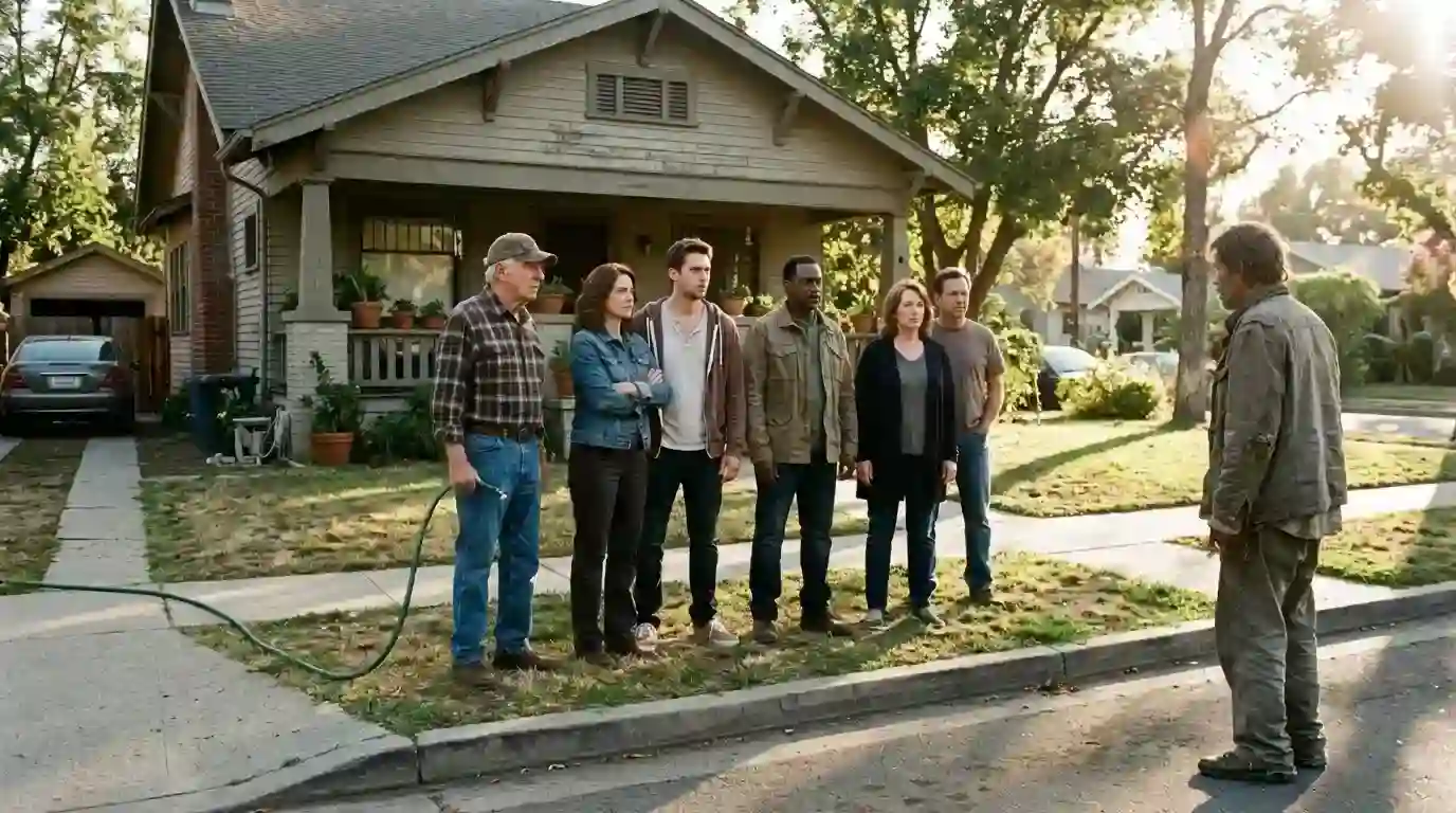 Neighbors forming a protective line on the front sidewalk to keep Ethan away