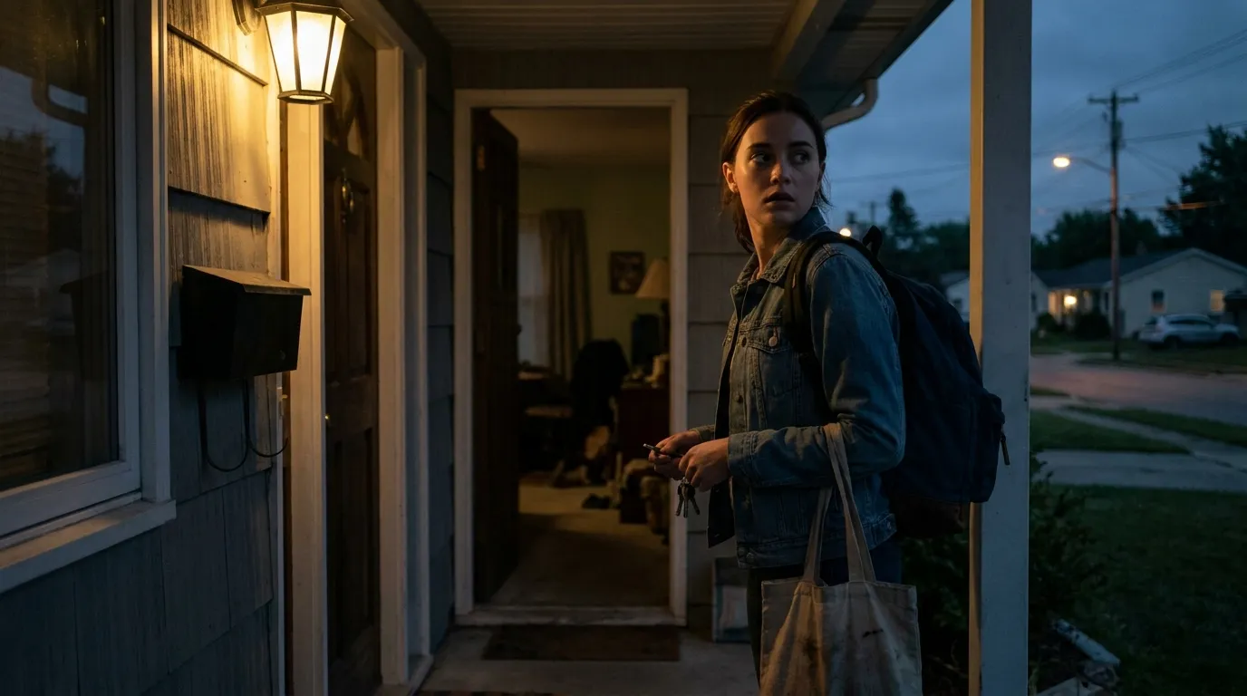 A young babysitter standing at an open front door looking back nervously