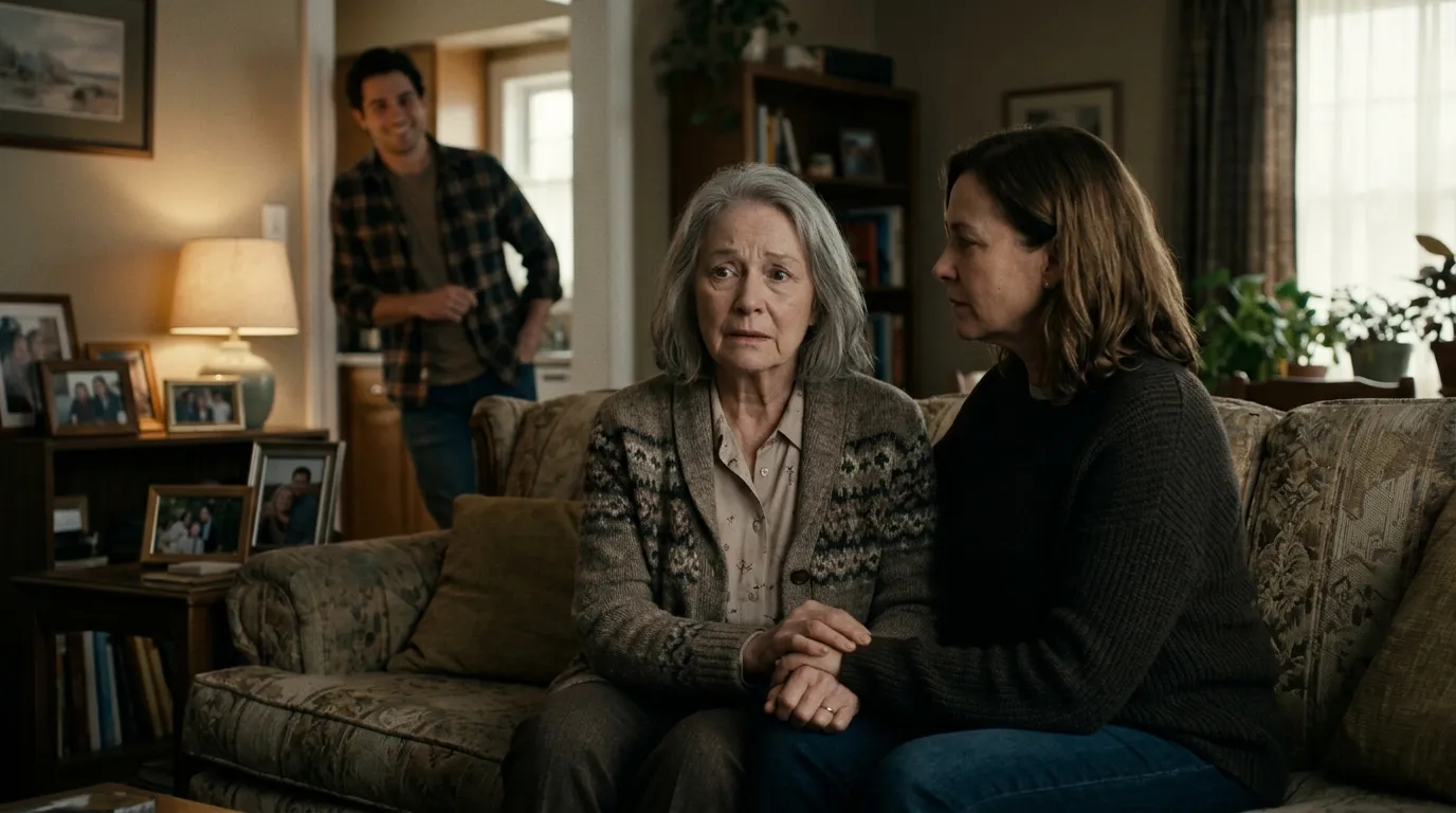 An elderly woman looking nervous while sitting on a couch with her daughter