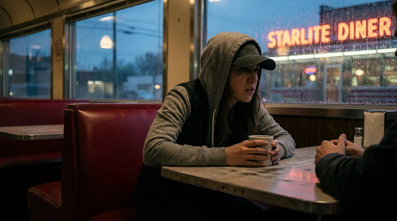 A young woman in a hoodie and baseball cap looking anxious in a diner booth