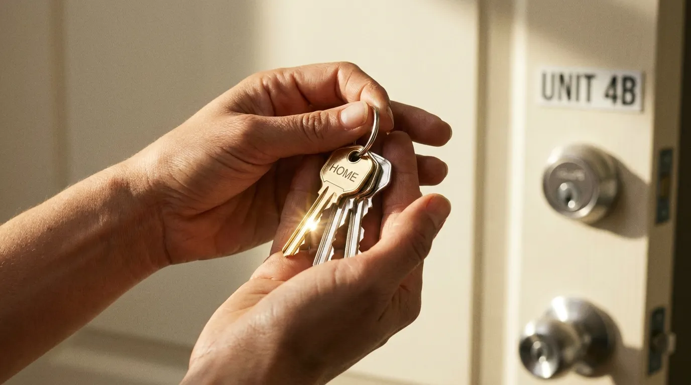 Woman's hands holding a brand new set of house keys